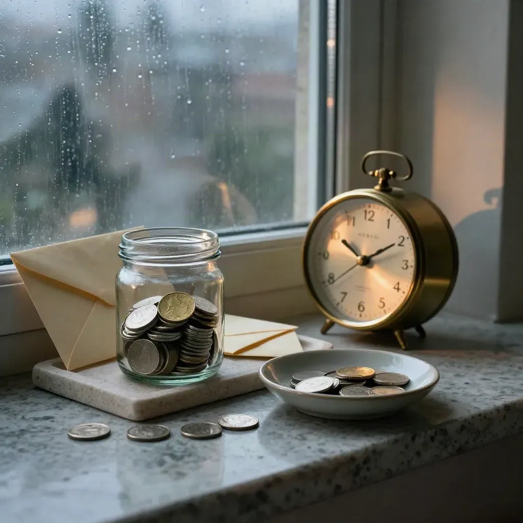 Glass savings jar with coins, brass clock, ivory envelopes beside a rain-streaked window
