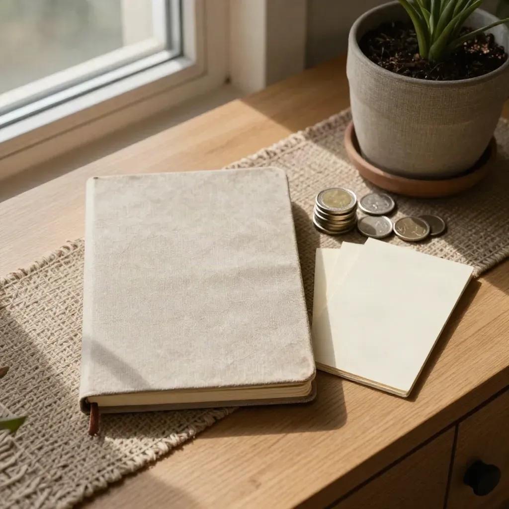 Notebook, coin stack, divider cards and plant pot on a wool runner in warm window light.