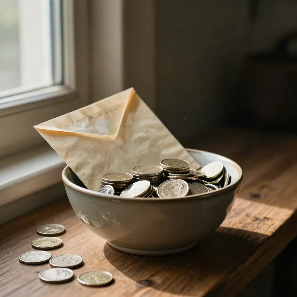 Ceramic bowl, coin stacks, and a folded cash envelope gathered as a calm retirement reserve.