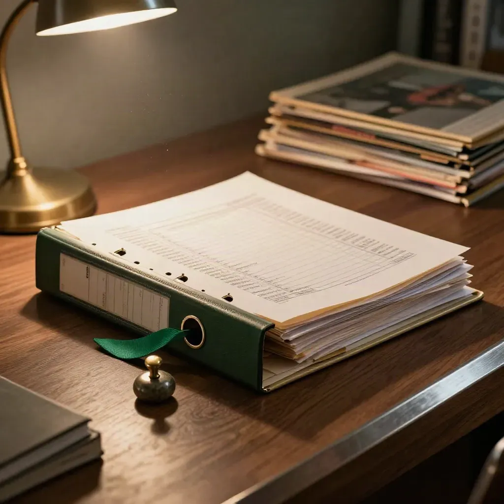 Closed binder with brass dividers and tax papers under warm lamp light