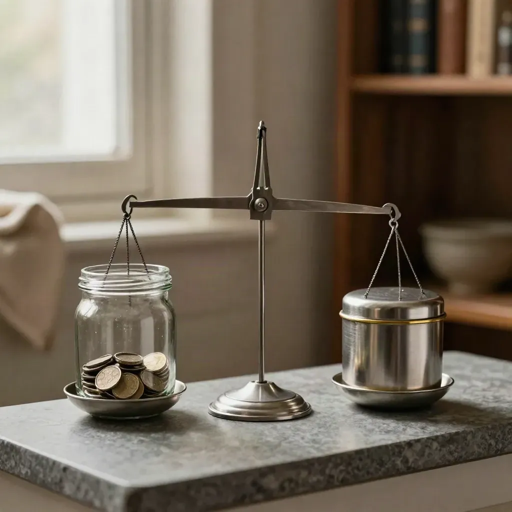 Glass jar and metal cash tin balanced on a scale in a quiet finance still life