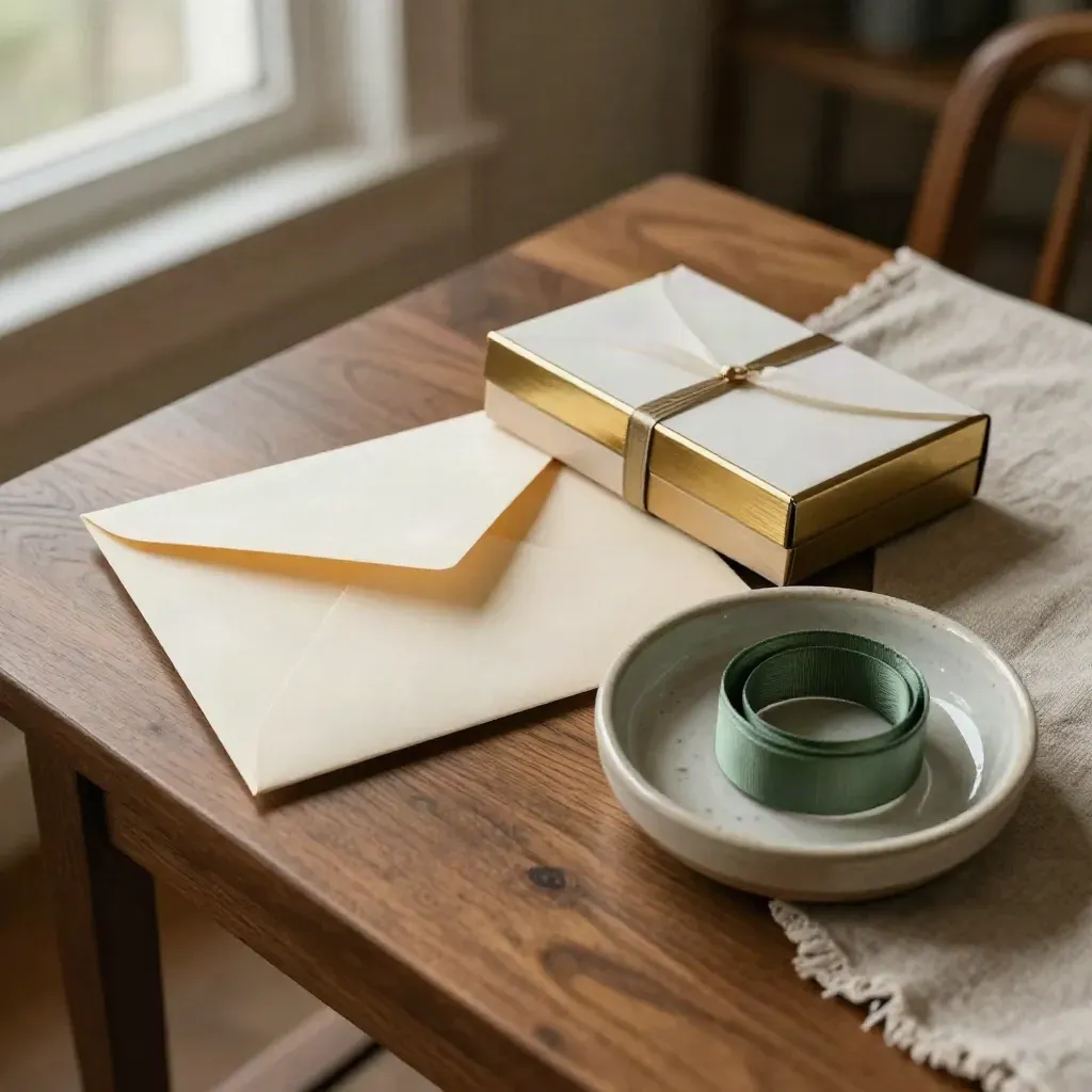 Ribbon-tied envelope, keepsake box, and ceramic dish on a warm side table in soft window light.