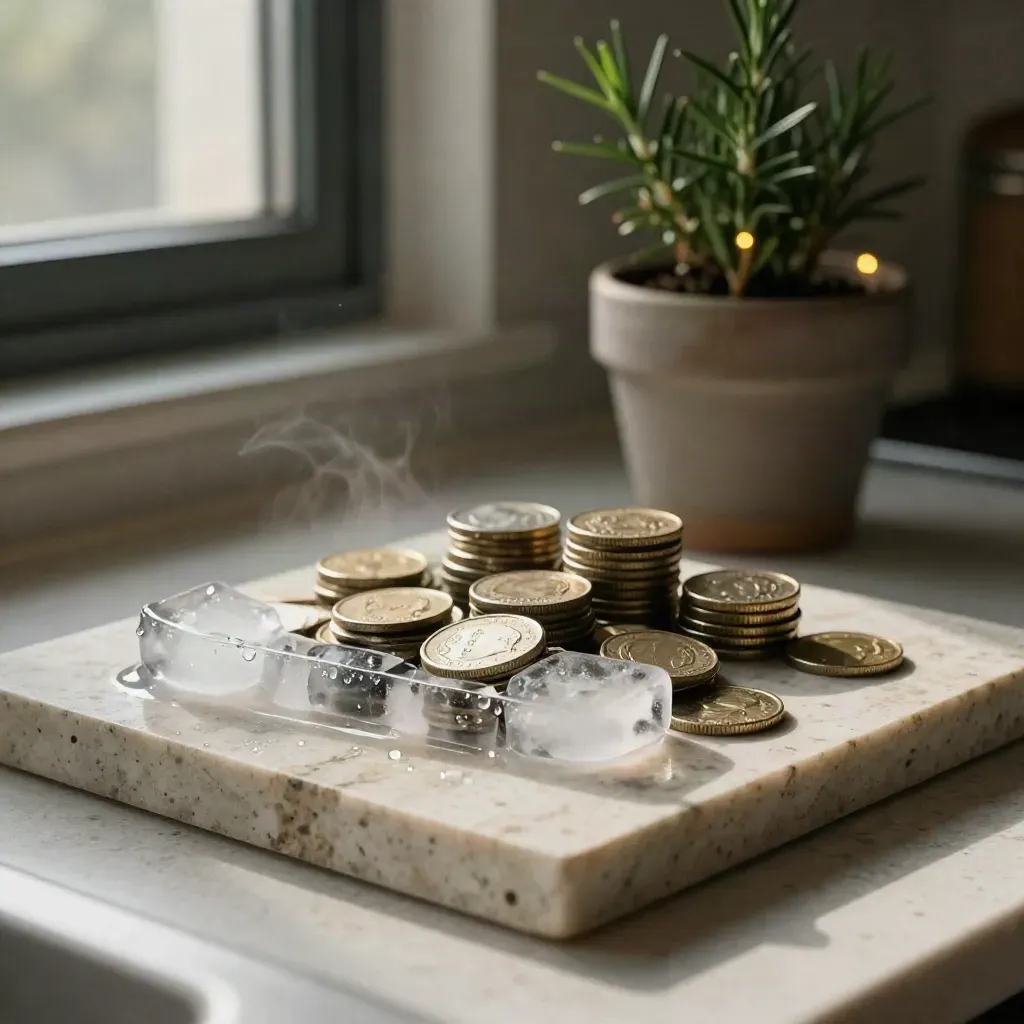 Coins, melting ice and a potted plant on a stone surface in warm window light.