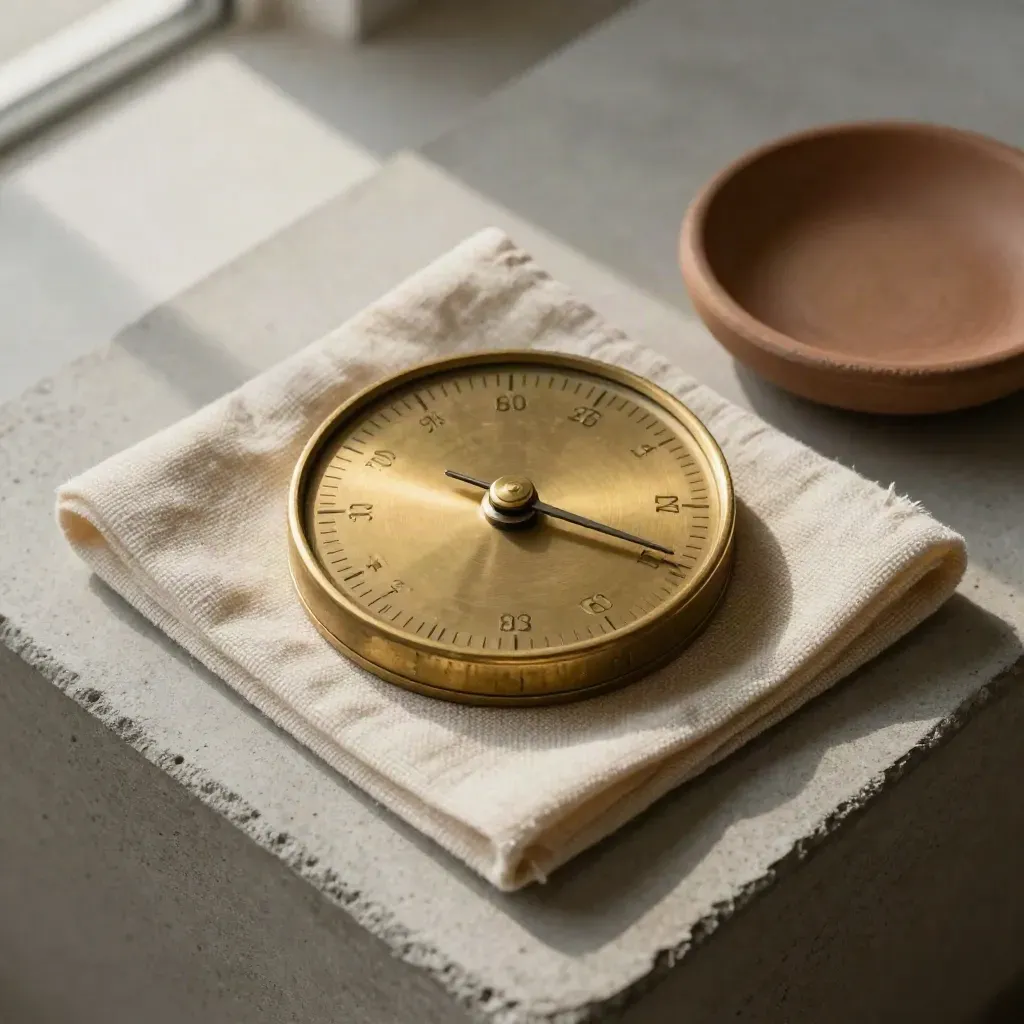 Brass rate dial, coin edge, linen square and ceramic dish on pale concrete.