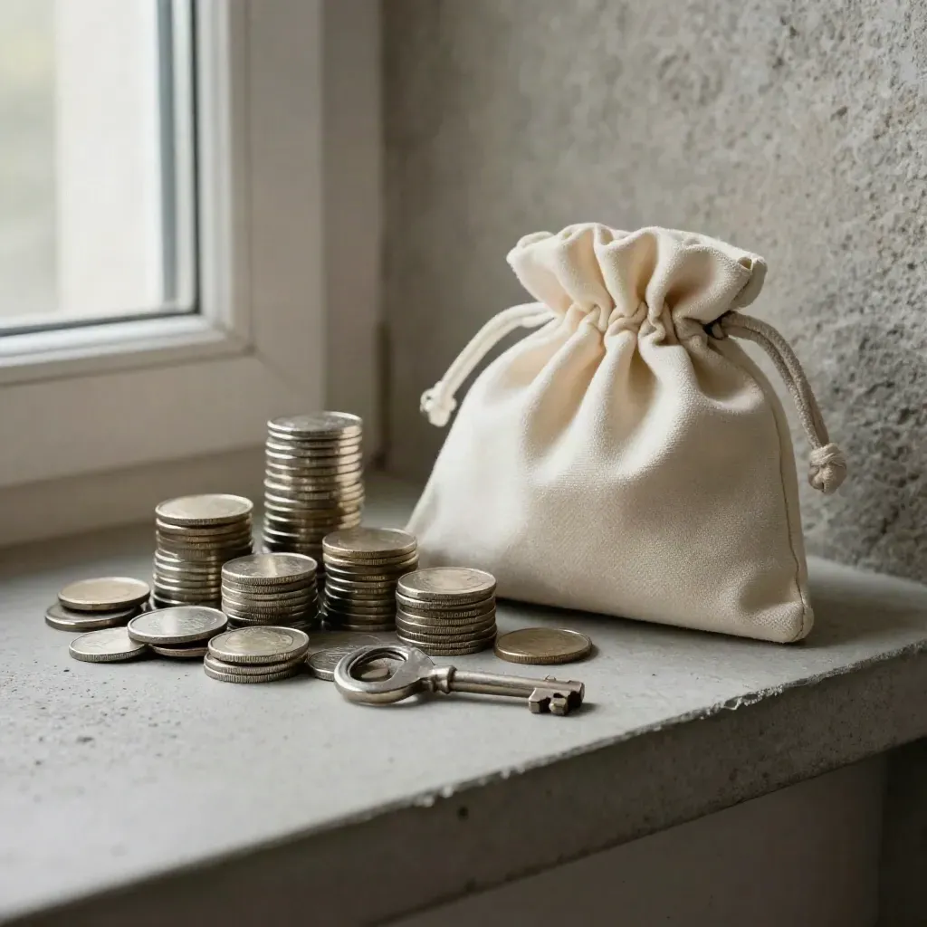 Coin stacks, a lockbox key and a folded cash pouch on a stone shelf for retirement planning.